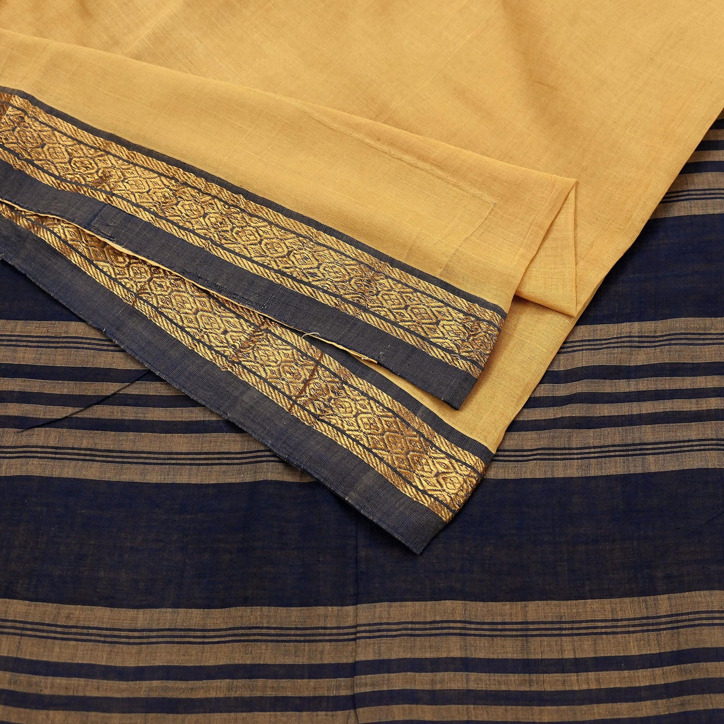 Vintage Sari Yellow & Blue Pure Cotton Hand Woven Sarees Craft Fabric Zari 5Yd Sewing Soft Crafting Dress making Upcycle Quilting Zigzag