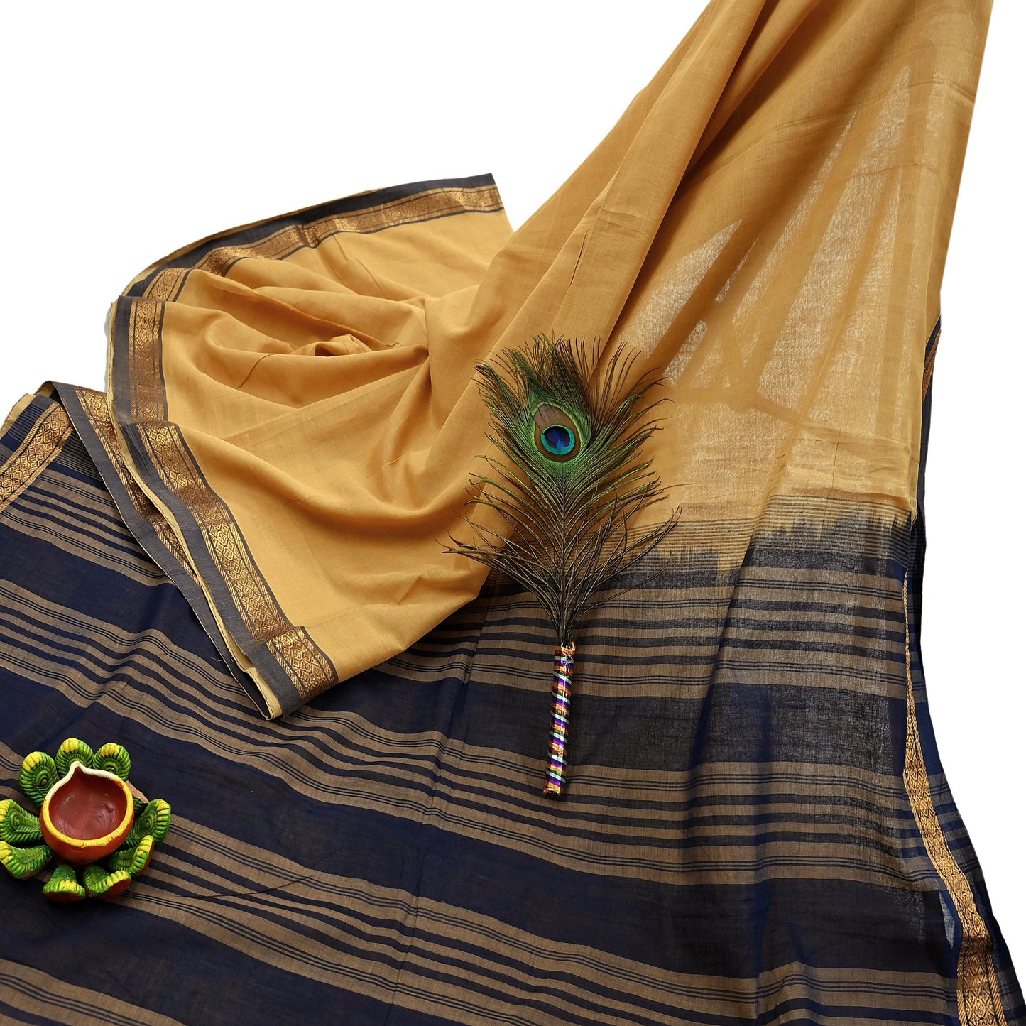 Vintage Sari Yellow & Blue Pure Cotton Hand Woven Sarees Craft Fabric Zari 5Yd Sewing Soft Crafting Dress making Upcycle Quilting Zigzag