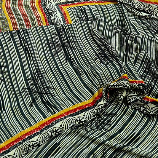 Indian Vintage Moss Crepe Saree Printed Abstract Sari Fabric 5 Yards Soft Craft Fabric for Sewing, Dressmaking, Quilting,Upcycling