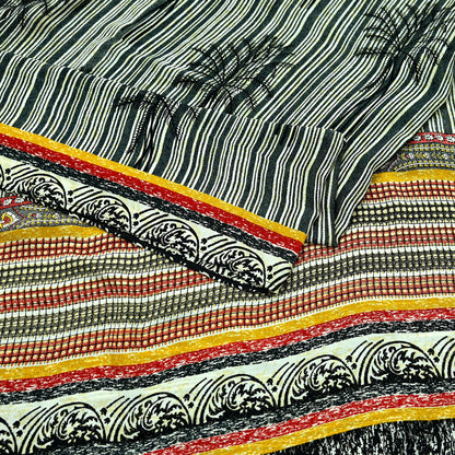Indian Vintage Moss Crepe Saree Printed Abstract Sari Fabric 5 Yards Soft Craft Fabric for Sewing, Dressmaking, Quilting,Upcycling