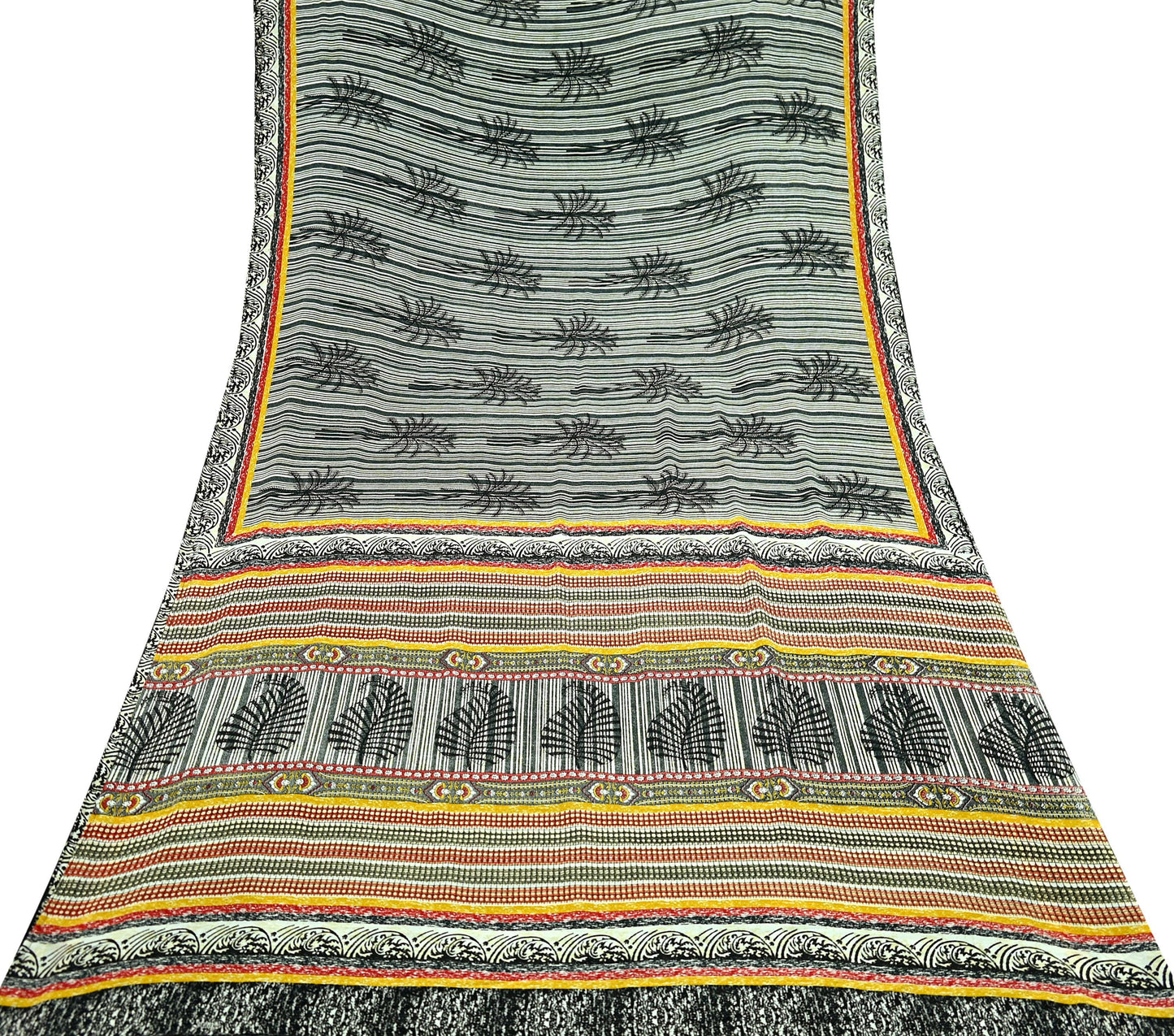 Indian Vintage Moss Crepe Saree Printed Abstract Sari Fabric 5 Yards Soft Craft Fabric for Sewing, Dressmaking, Quilting,Upcycling