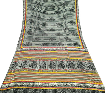 Indian Vintage Moss Crepe Saree Printed Abstract Sari Fabric 5 Yards Soft Craft Fabric for Sewing, Dressmaking, Quilting,Upcycling