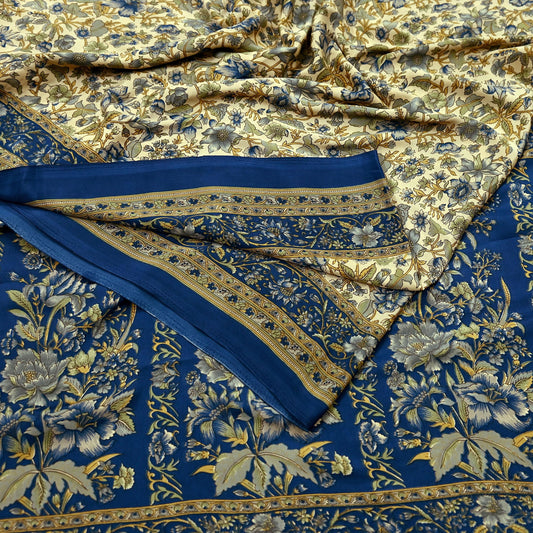 Indian Vintage Beige & Blue Moss Crepe Printed Saree Floral Design 5 Yards Soft Craft Fabric for Dressmaking, Décor, Quilting, Upcycling