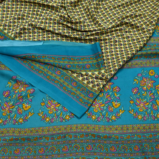 Indian Vintage Sari Beige & Blue Moss Crepe Printed Saree Floral 5 Yards Soft Craft Fabric for Dressmaking, Décor, Quilting, Upcycling
