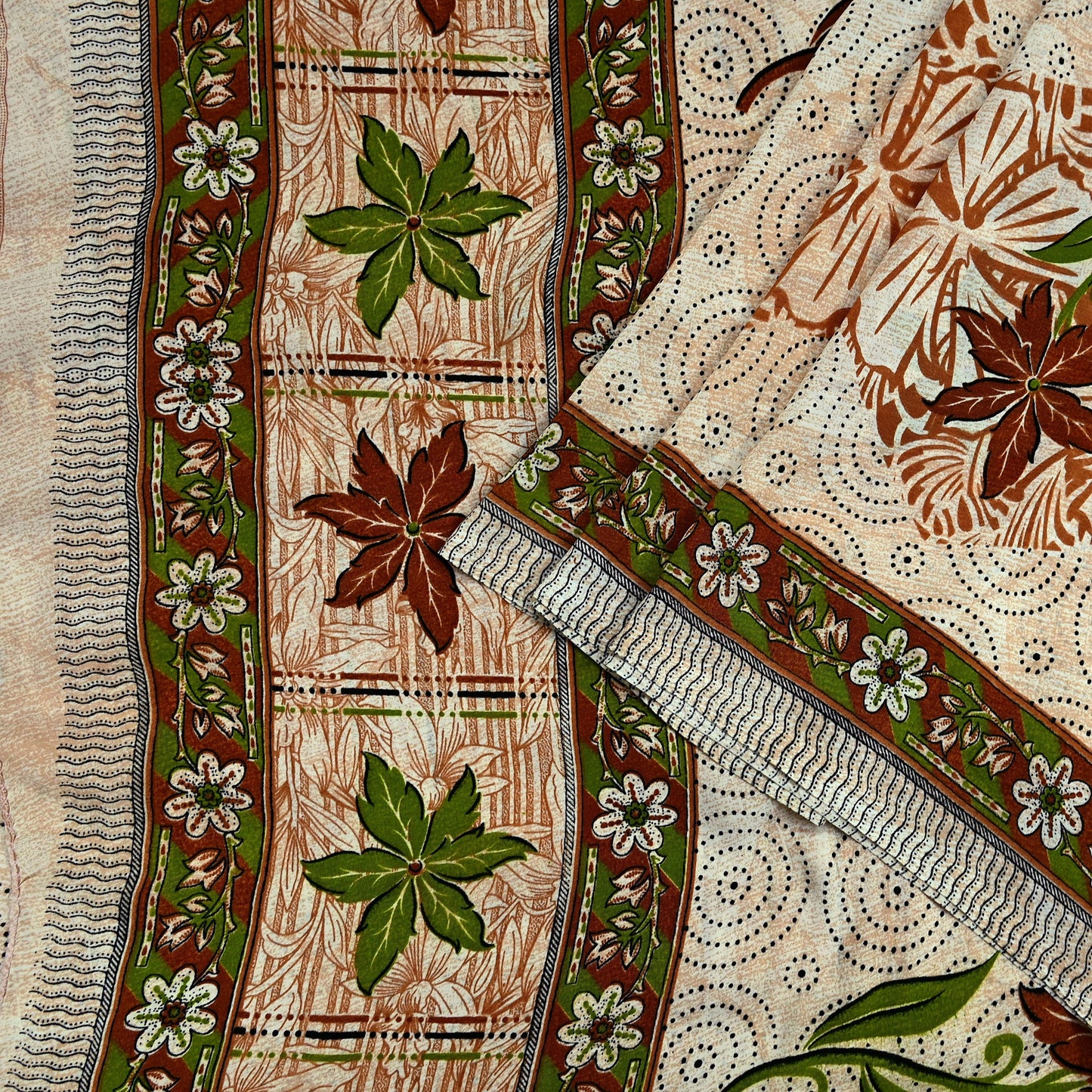 Indian Vintage Saree Brown & Beige Moss Crepe Printed Sari | 5 Yards | Floral Soft Fabric for Sewing, Dressmaking, Crafting, Quilting