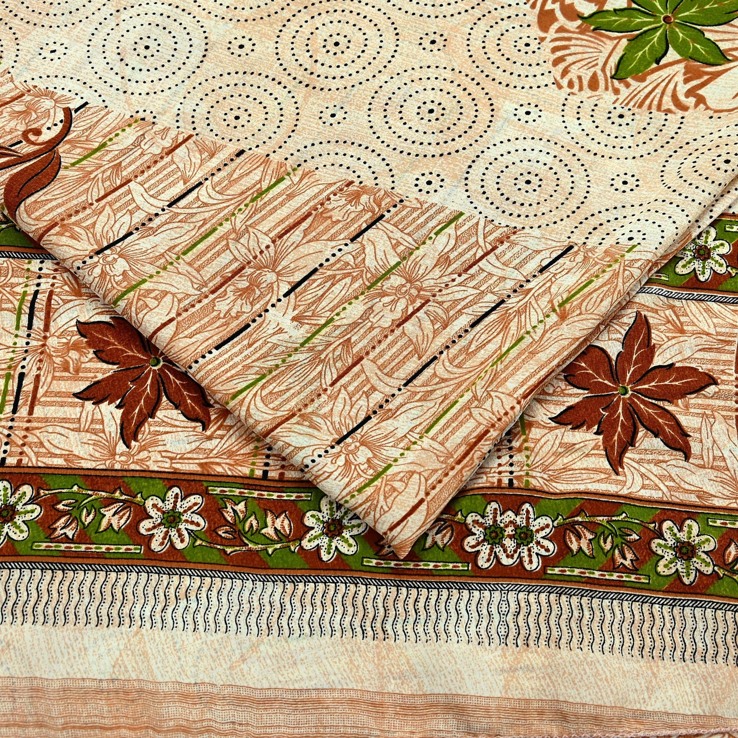 Indian Vintage Saree Brown & Beige Moss Crepe Printed Sari | 5 Yards | Floral Soft Fabric for Sewing, Dressmaking, Crafting, Quilting