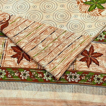Indian Vintage Saree Brown & Beige Moss Crepe Printed Sari | 5 Yards | Floral Soft Fabric for Sewing, Dressmaking, Crafting, Quilting