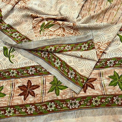Indian Vintage Saree Brown & Beige Moss Crepe Printed Sari | 5 Yards | Floral Soft Fabric for Sewing, Dressmaking, Crafting, Quilting