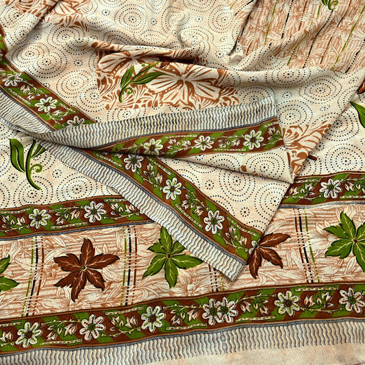 Indian Vintage Saree Brown & Beige Moss Crepe Printed Sari | 5 Yards | Floral Soft Fabric for Sewing, Dressmaking, Crafting, Quilting