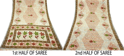Indian Vintage Saree Brown & Beige Moss Crepe Printed Sari | 5 Yards | Floral Soft Fabric for Sewing, Dressmaking, Crafting, Quilting