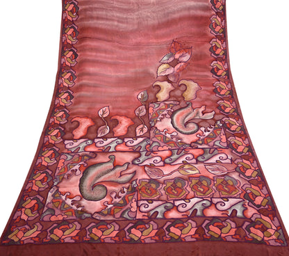 Indian Vintage Saree Brown Pure Satin Silk Printed Sari 6yd Sewing Floral Soft Craft Fabric Dress Making Crafting Quilting