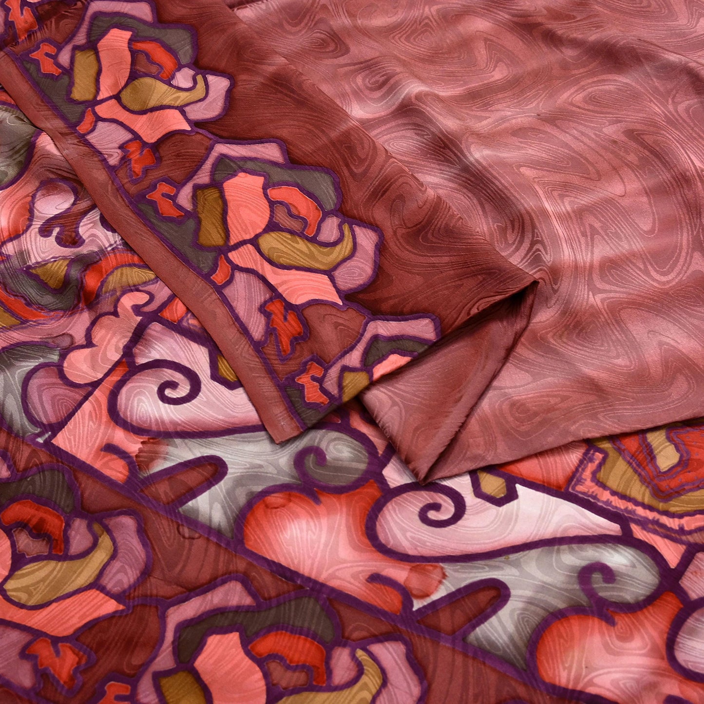 Indian Vintage Saree Brown Pure Satin Silk Printed Sari 6yd Sewing Floral Soft Craft Fabric Dress Making Crafting Quilting