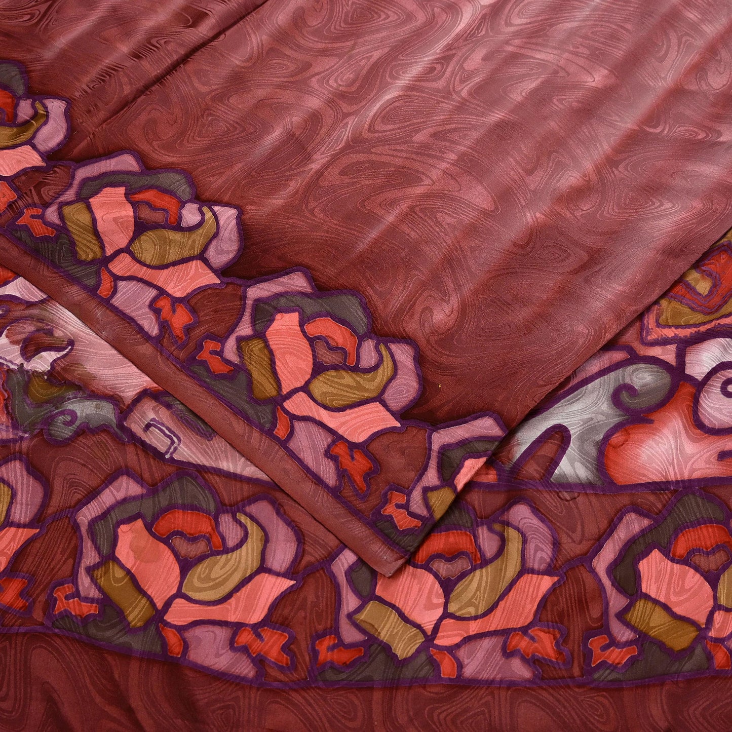 Indian Vintage Saree Brown Pure Satin Silk Printed Sari 6yd Sewing Floral Soft Craft Fabric Dress Making Crafting Quilting