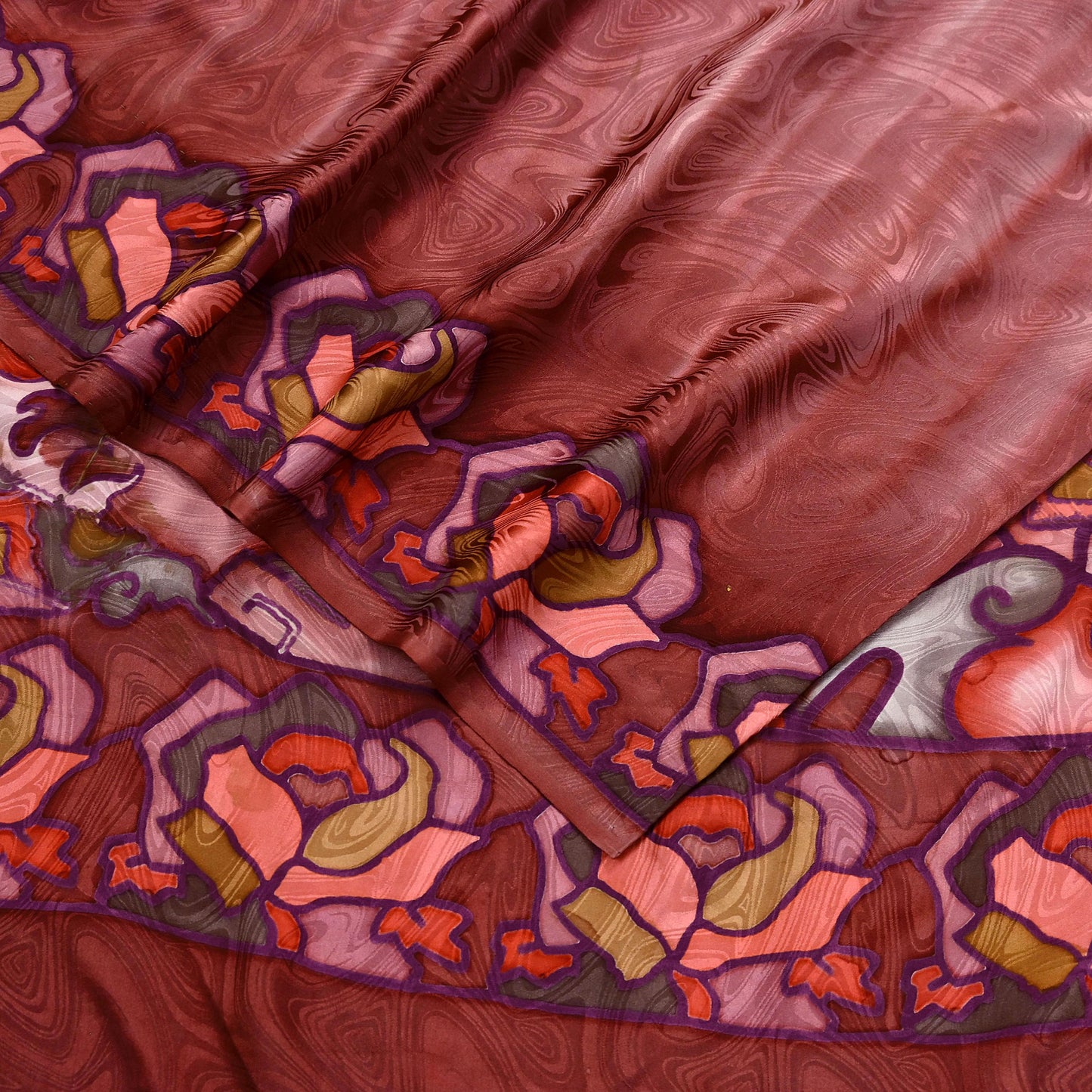 Indian Vintage Saree Brown Pure Satin Silk Printed Sari 6yd Sewing Floral Soft Craft Fabric Dress Making Crafting Quilting