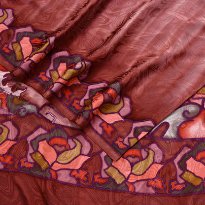 Indian Vintage Saree Brown Pure Satin Silk Printed Sari 6yd Sewing Floral Soft Craft Fabric Dress Making Crafting Quilting