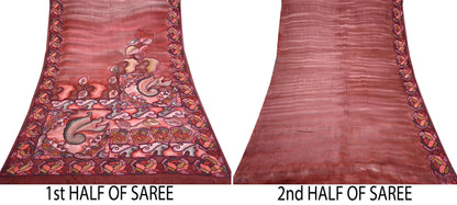 Indian Vintage Saree Brown Pure Satin Silk Printed Sari 6yd Sewing Floral Soft Craft Fabric Dress Making Crafting Quilting
