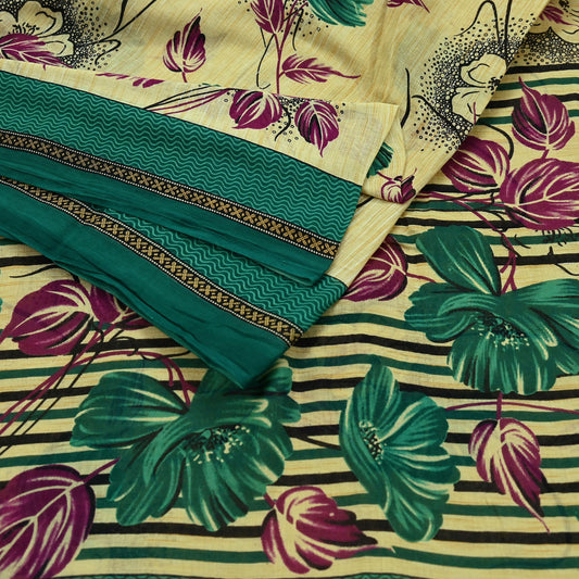 Indian Vintage Sari Yellow & Green Pure Cotton Printed Sarees Craft Fabric Soft 5Yd Sarong Wrap Boho Fabric Kimono Quilting Crafting Upcycle