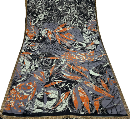 Indian Vintage Moss Crepe Saree Printed Abstract Sari Fabric 5 Yards Soft Craft Fabric for Sewing, Dressmaking, Quilting,Upcycling