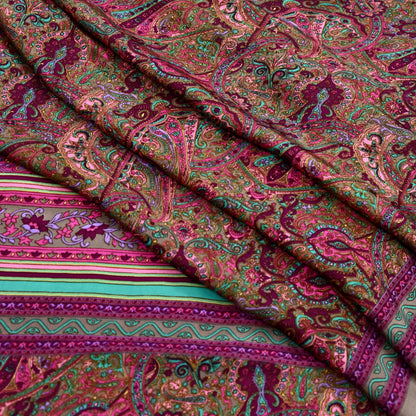 Indian Vintage Saree Purple & Brown Moss Crepe Printed Sari 6 Yards Floral Soft Fabric for Sewing, Dressmaking, Crafting, Quilting