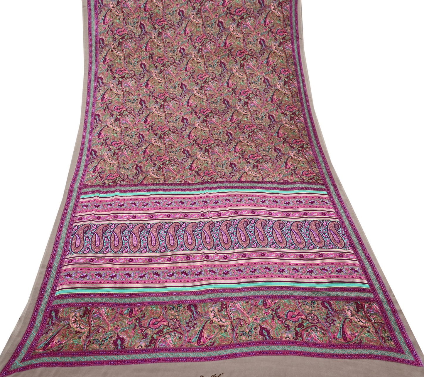 Indian Vintage Saree Purple & Brown Moss Crepe Printed Sari 6 Yards Floral Soft Fabric for Sewing, Dressmaking, Crafting, Quilting