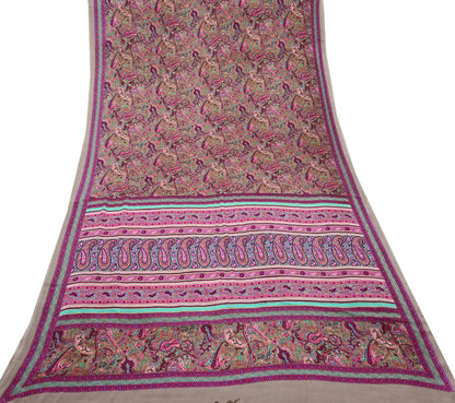 Indian Vintage Saree Purple & Brown Moss Crepe Printed Sari 6 Yards Floral Soft Fabric for Sewing, Dressmaking, Crafting, Quilting