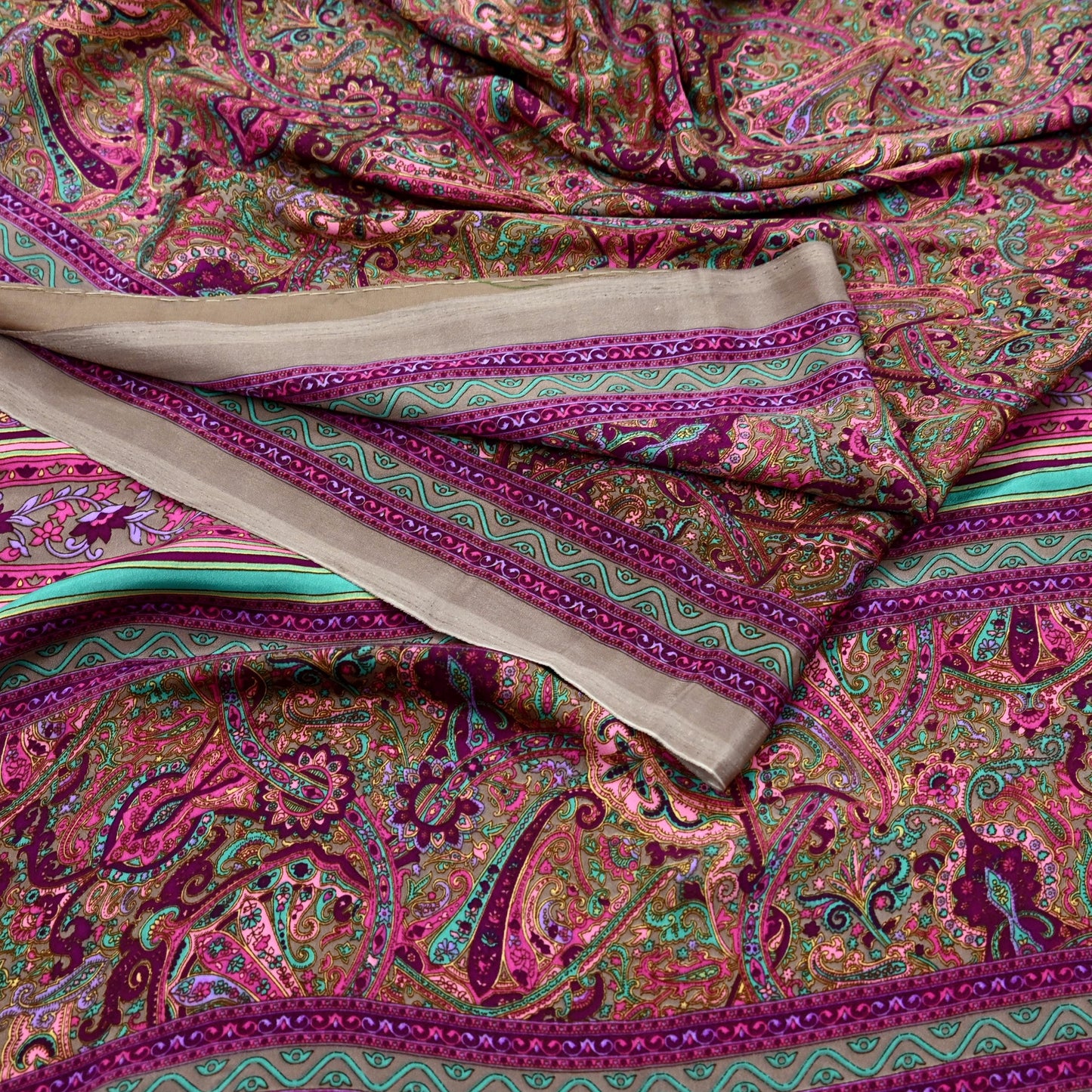 Indian Vintage Saree Purple & Brown Moss Crepe Printed Sari 6 Yards Floral Soft Fabric for Sewing, Dressmaking, Crafting, Quilting