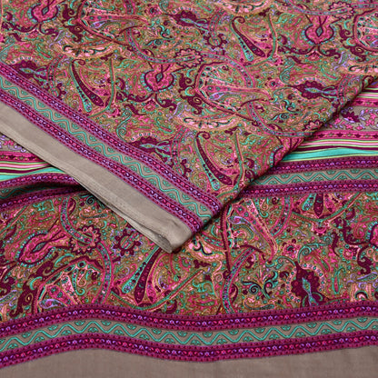 Indian Vintage Saree Purple & Brown Moss Crepe Printed Sari 6 Yards Floral Soft Fabric for Sewing, Dressmaking, Crafting, Quilting