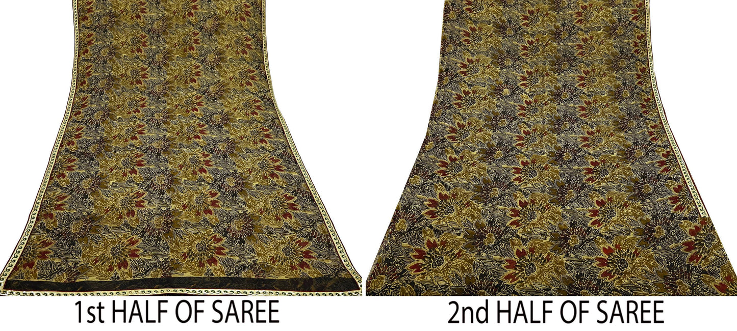 Vintage Sari 100% Pure Chiffon Silk Printed Sarees Sewing 5yd Craft Fabric Soft Dress Designing for Crafting Floral Quilting Upcycle