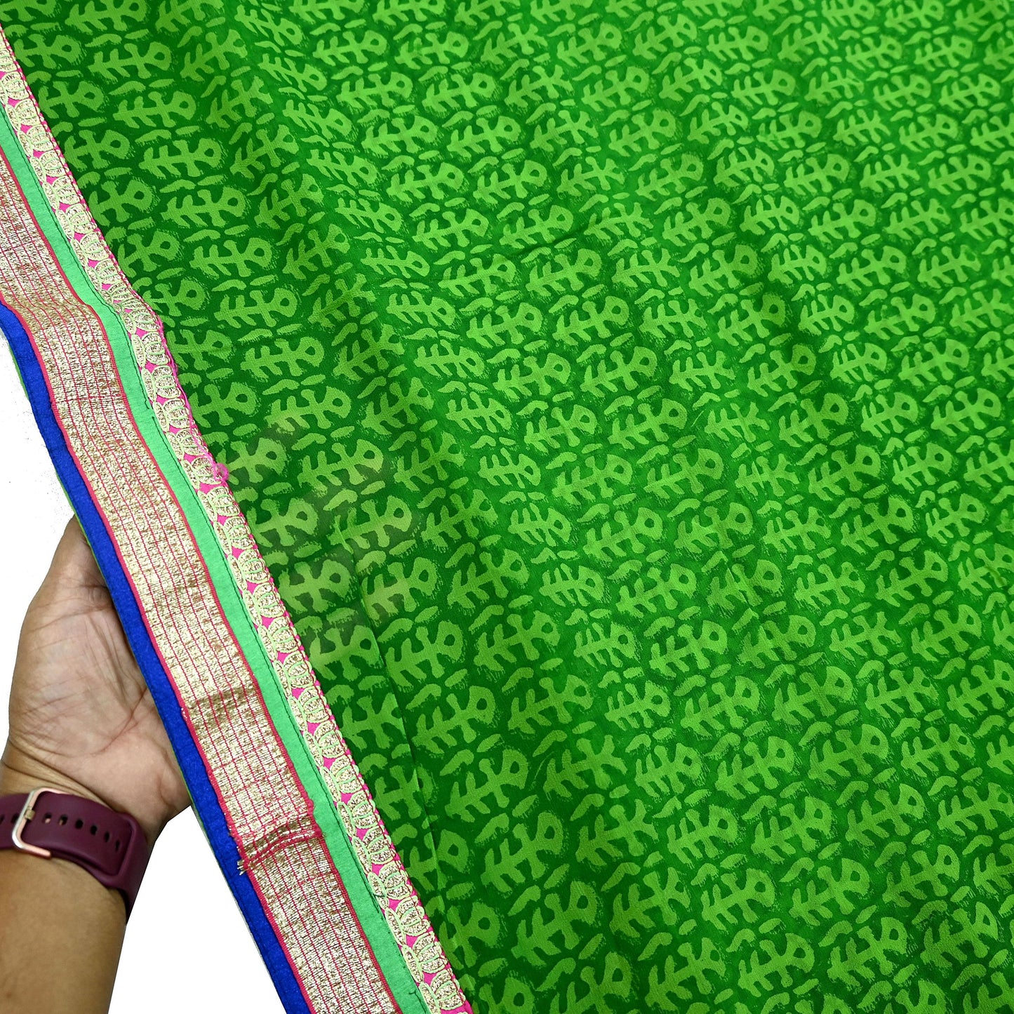 Indian Vintage Green Saree Pure Georgette Silk Hand Embroidered Sari Craft Fabric 5Yd Ethnic Soft Dress making Crafting Quilting