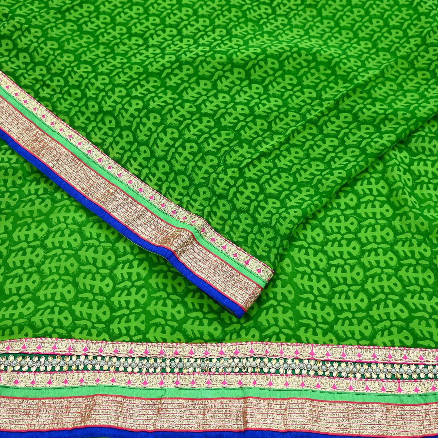Indian Vintage Green Saree Pure Georgette Silk Hand Embroidered Sari Craft Fabric 5Yd Ethnic Soft Dress making Crafting Quilting