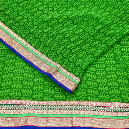 Indian Vintage Green Saree Pure Georgette Silk Hand Embroidered Sari Craft Fabric 5Yd Ethnic Soft Dress making Crafting Quilting