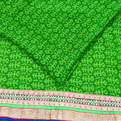 Indian Vintage Green Saree Pure Georgette Silk Hand Embroidered Sari Craft Fabric 5Yd Ethnic Soft Dress making Crafting Quilting