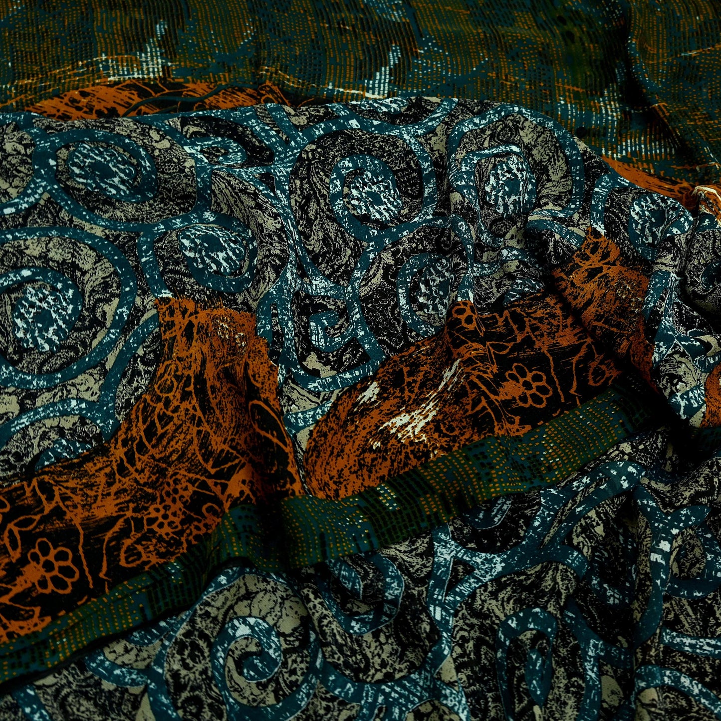 Indian Vintage Sari Green Pure Georgette Silk Printed Sarees 6Yd Craft Fabric Sewing Soft Dress Making Floral Quilting Used Upcycle