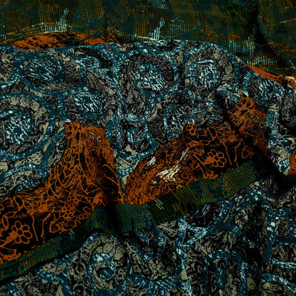 Indian Vintage Sari Green Pure Georgette Silk Printed Sarees 6Yd Craft Fabric Sewing Soft Dress Making Floral Quilting Used Upcycle