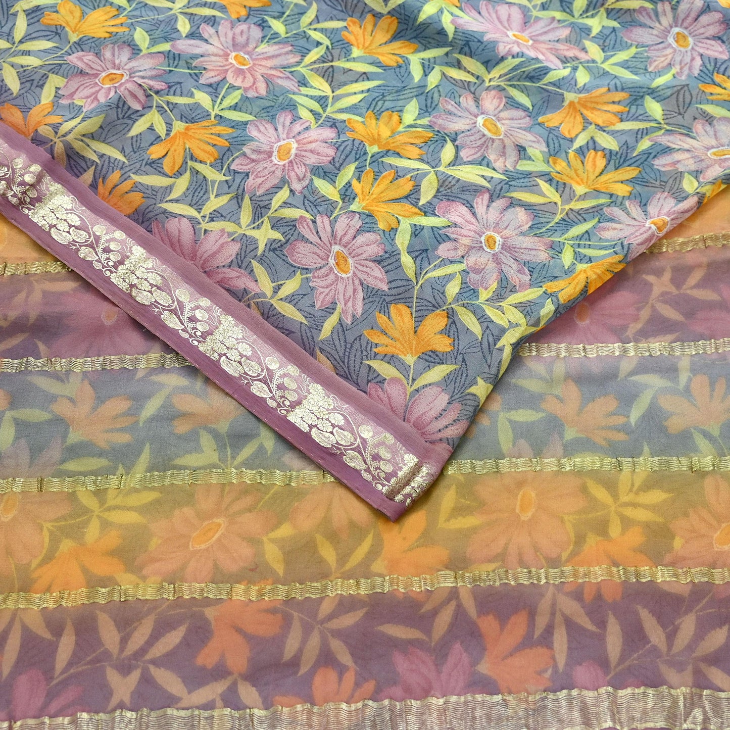 Women Vintage Sari Gray Pure Georgette Silk Printed Saree Craft Fabric Sewing 5Yard Soft Light Dress Making Floral Zari