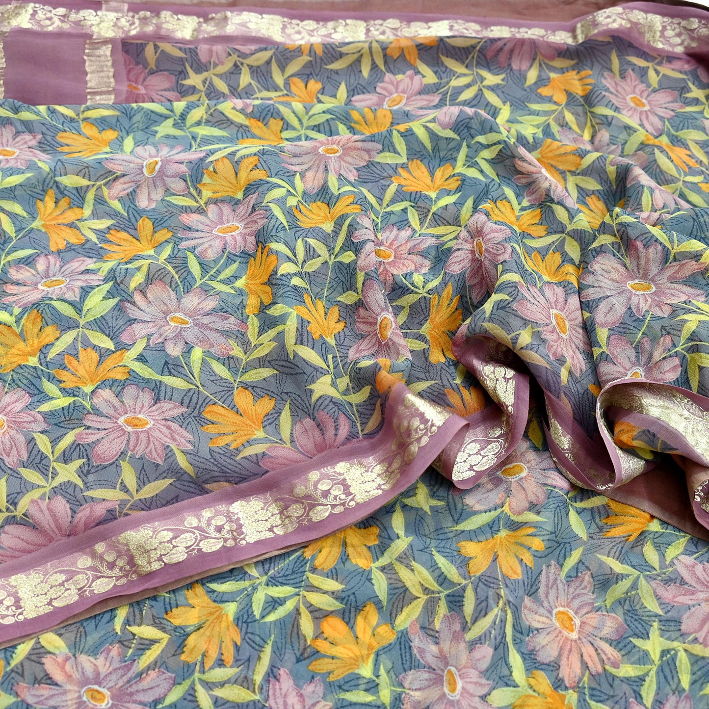 Women Vintage Sari Gray Pure Georgette Silk Printed Saree Craft Fabric Sewing 5Yard Soft Light Dress Making Floral Zari