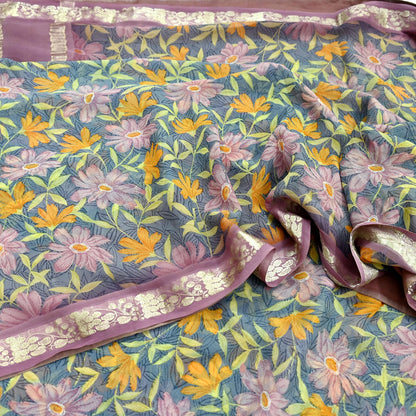 Women Vintage Sari Gray Pure Georgette Silk Printed Saree Craft Fabric Sewing 5Yard Soft Light Dress Making Floral Zari