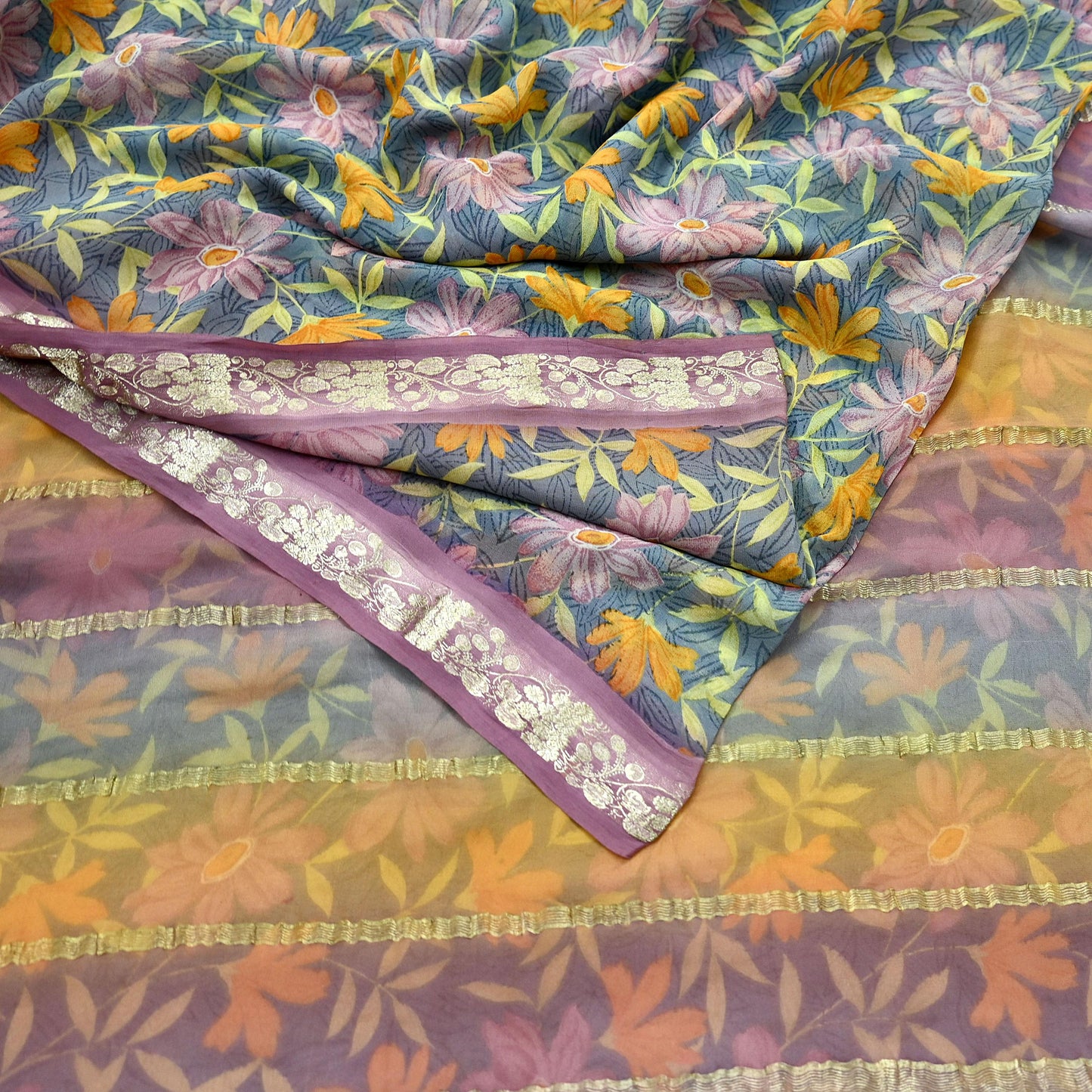 Women Vintage Sari Gray Pure Georgette Silk Printed Saree Craft Fabric Sewing 5Yard Soft Light Dress Making Floral Zari