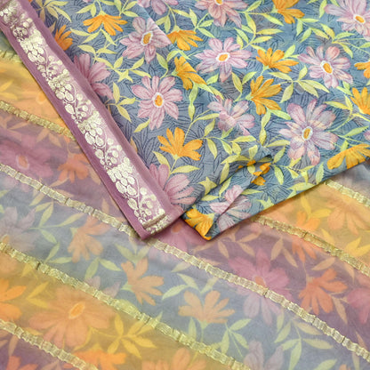 Women Vintage Sari Gray Pure Georgette Silk Printed Saree Craft Fabric Sewing 5Yard Soft Light Dress Making Floral Zari