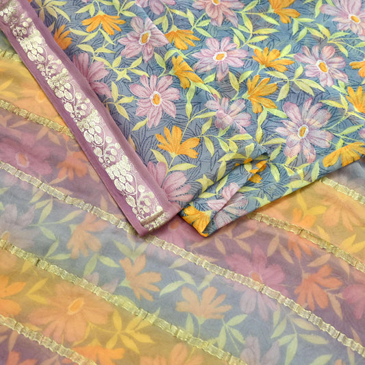 Women Vintage Sari Gray Pure Georgette Silk Printed Saree Craft Fabric Sewing 5Yard Soft Light Dress Making Floral Zari