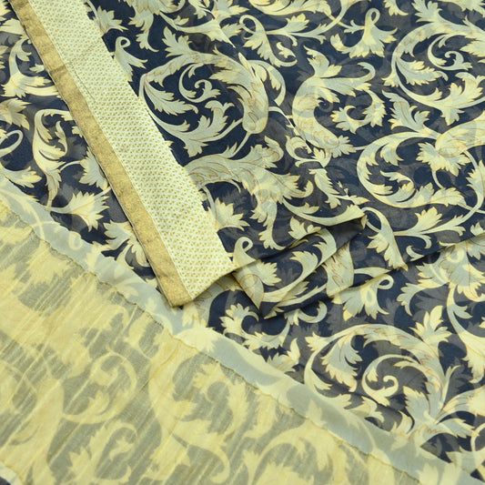 Vintage Sari Beige & Gray 100% Pure Chiffon Silk Printed Sarees Sewing 5yd Craft Fabric Soft Dress Designing for Crafting Floral Zari Border