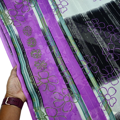 Indian Vintage Sari Purple & Black Pure Georgette Silk Printed Sarees 6Yd Craft Fabric Sewing Soft Dress Making Floral Quilting Used Upcycle