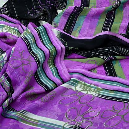 Indian Vintage Sari Purple & Black Pure Georgette Silk Printed Sarees 6Yd Craft Fabric Sewing Soft Dress Making Floral Quilting Used Upcycle