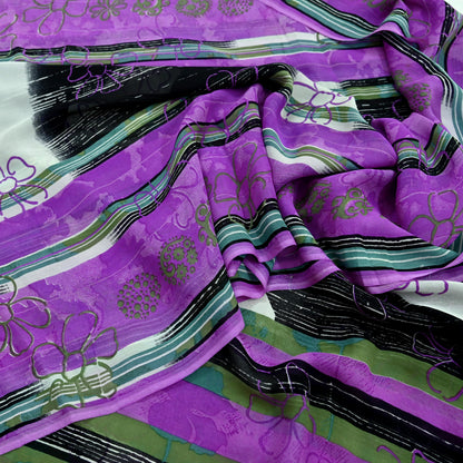 Indian Vintage Sari Purple & Black Pure Georgette Silk Printed Sarees 6Yd Craft Fabric Sewing Soft Dress Making Floral Quilting Used Upcycle
