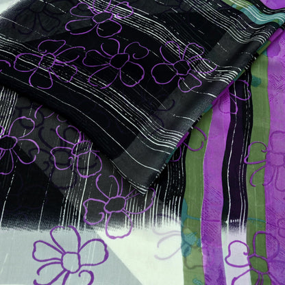 Indian Vintage Sari Purple & Black Pure Georgette Silk Printed Sarees 6Yd Craft Fabric Sewing Soft Dress Making Floral Quilting Used Upcycle