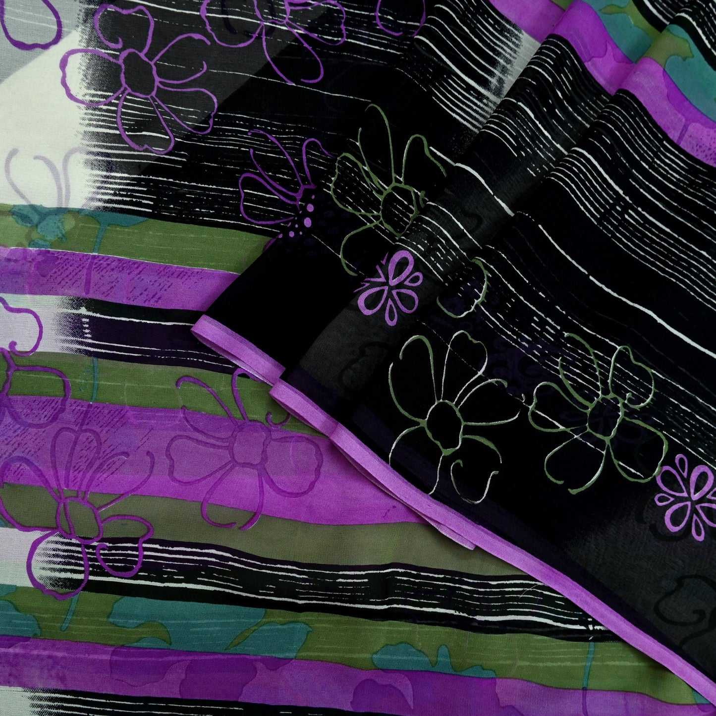 Indian Vintage Sari Purple & Black Pure Georgette Silk Printed Sarees 6Yd Craft Fabric Sewing Soft Dress Making Floral Quilting Used Upcycle