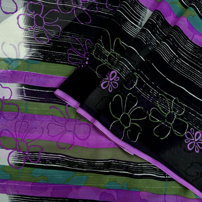 Indian Vintage Sari Purple & Black Pure Georgette Silk Printed Sarees 6Yd Craft Fabric Sewing Soft Dress Making Floral Quilting Used Upcycle