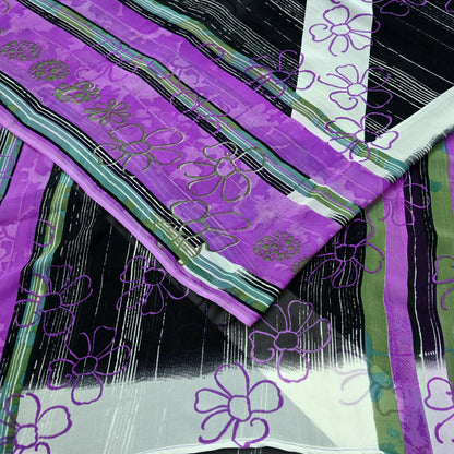 Indian Vintage Sari Purple & Black Pure Georgette Silk Printed Sarees 6Yd Craft Fabric Sewing Soft Dress Making Floral Quilting Used Upcycle
