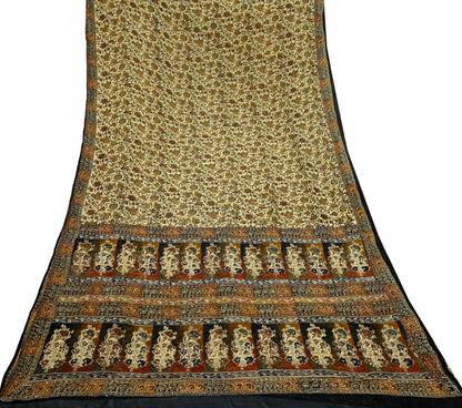 Indian Vintage Beige & black Saree Pure Georgette Silk Hand Embroidered Kantha Sari Craft Fabric 5yd Sewing Floral Soft Sequins Dress making