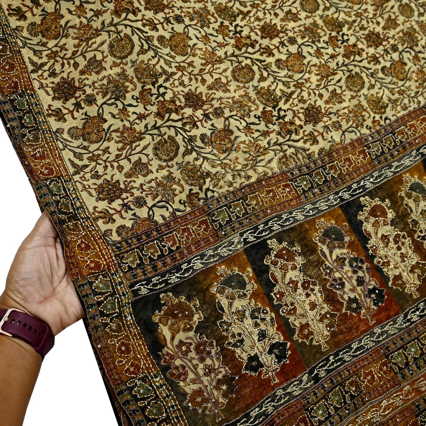 Indian Vintage Beige & black Saree Pure Georgette Silk Hand Embroidered Kantha Sari Craft Fabric 5yd Sewing Floral Soft Sequins Dress making